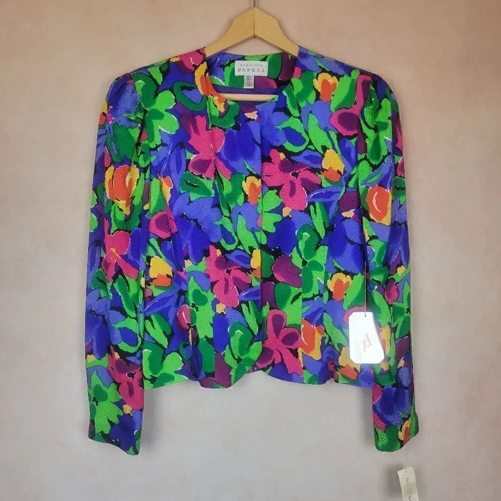 Vintage Adrianna Papell Button Down Floral Silk Jacket Blazer Blue Pink Green 10
